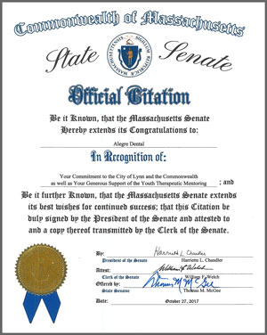 Massachusetts State Senate congratulates an extends recognition of Alegre Dental Center for contribution to the City of Lynn,MA and it's youth programs