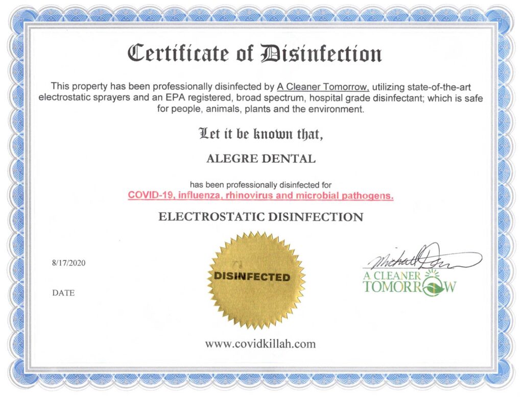 Certificate of Disinfection, Dental Office Lynn, MA